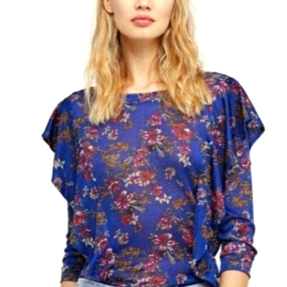 Free People Dock Street Blue Floral‎ Ruffled Business Workwear  Blouse Small